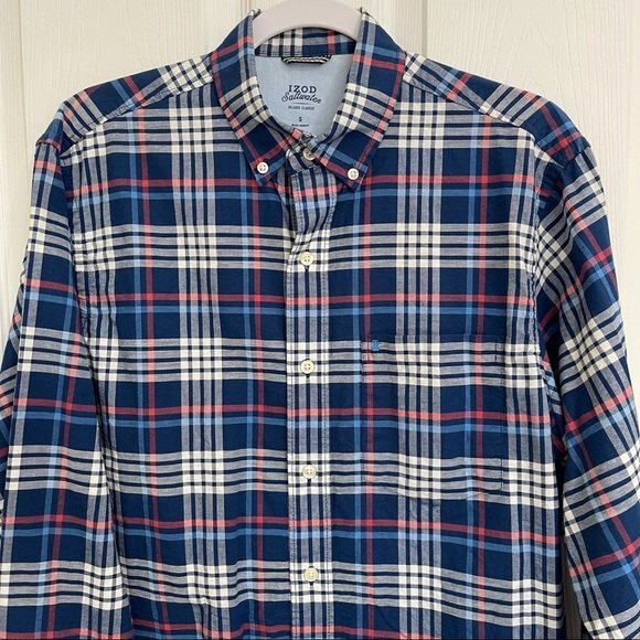 Izod Saltwater Relaxed Classic Blue Plaid Shirt 100% Cotton Button Down Size S - Picture 3 of 15